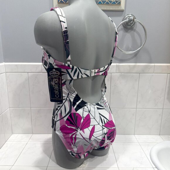 Catalina Swimsuit Med One Piece Floral Racer Back in Black / White & Purple NWT - Picture 3 of 9